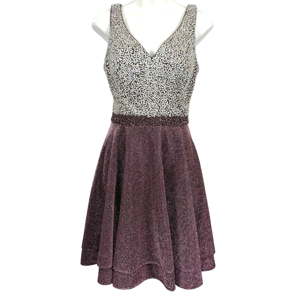Amarra Womens Beaded Prom Skater Sleeveless V-Neck Formal Plum Dress Mini sz 10